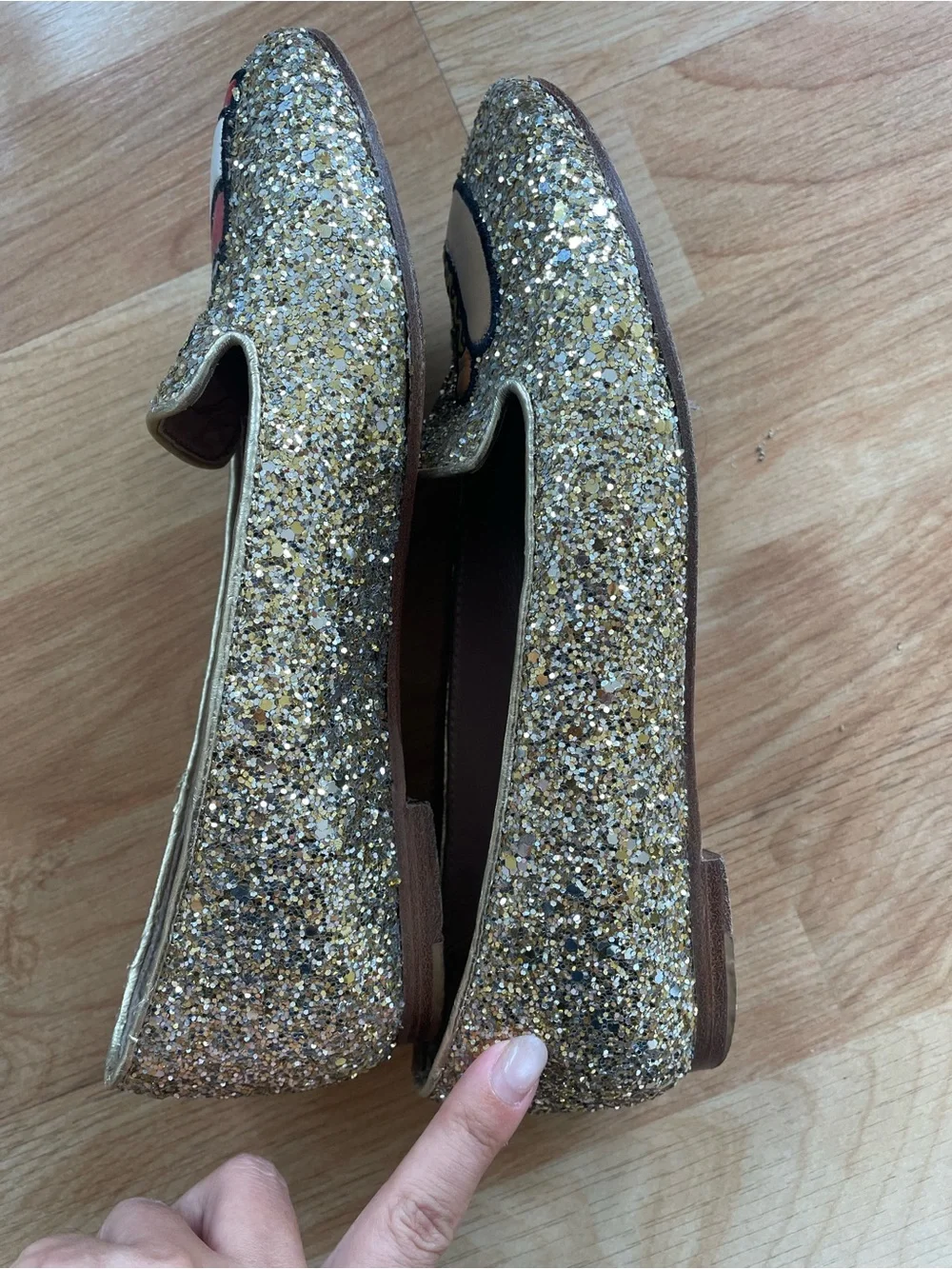 Chiara Ferragni Gold Glitter Loafers with Hot Dog & Rocket Patches